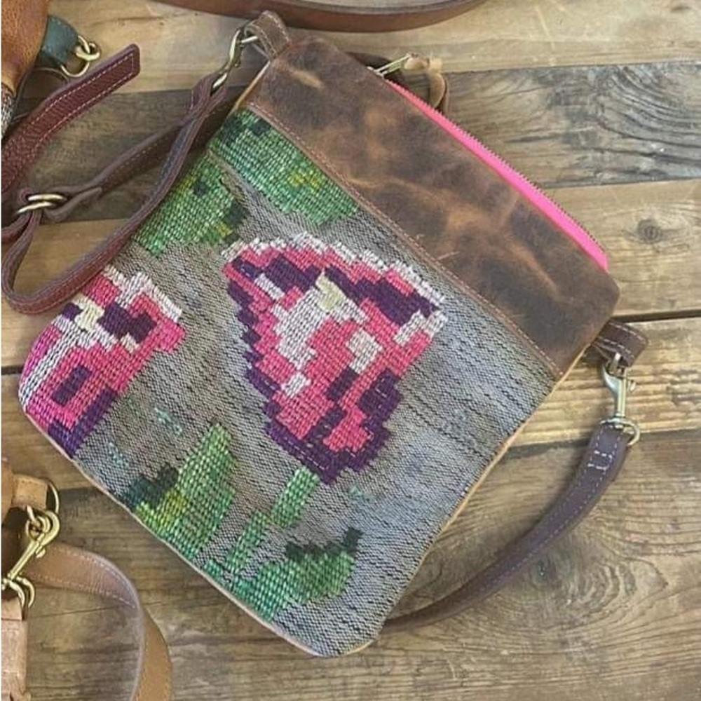Rebyc vintage floral kilim panel crossbody with weathered full grain leather